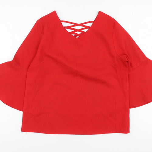 Cute Womens Red Polyester Basic Size 8 V-Neck - Bell Sleeve