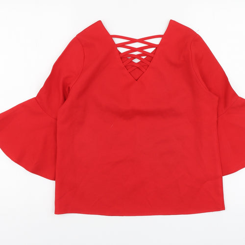 Cute Womens Red Polyester Basic Size 8 V-Neck - Bell Sleeve