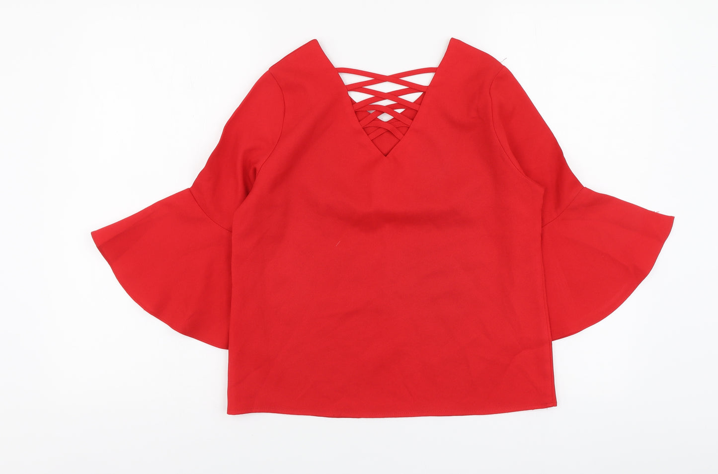 Cute Womens Red Polyester Basic Size 8 V-Neck - Bell Sleeve