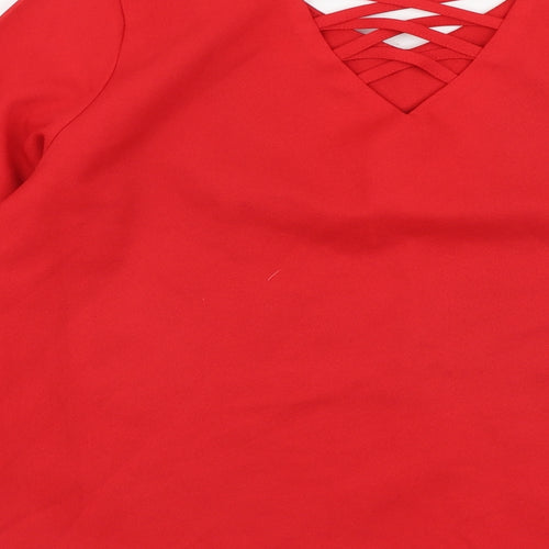 Cute Womens Red Polyester Basic Size 8 V-Neck - Bell Sleeve