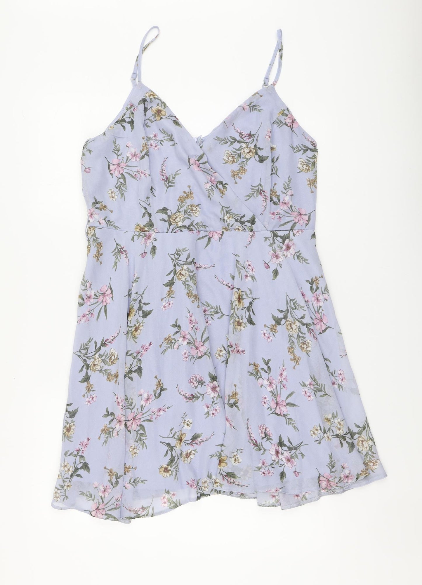 Primark Womens Blue Floral Polyester Skater Dress Size 18 V-Neck Zip