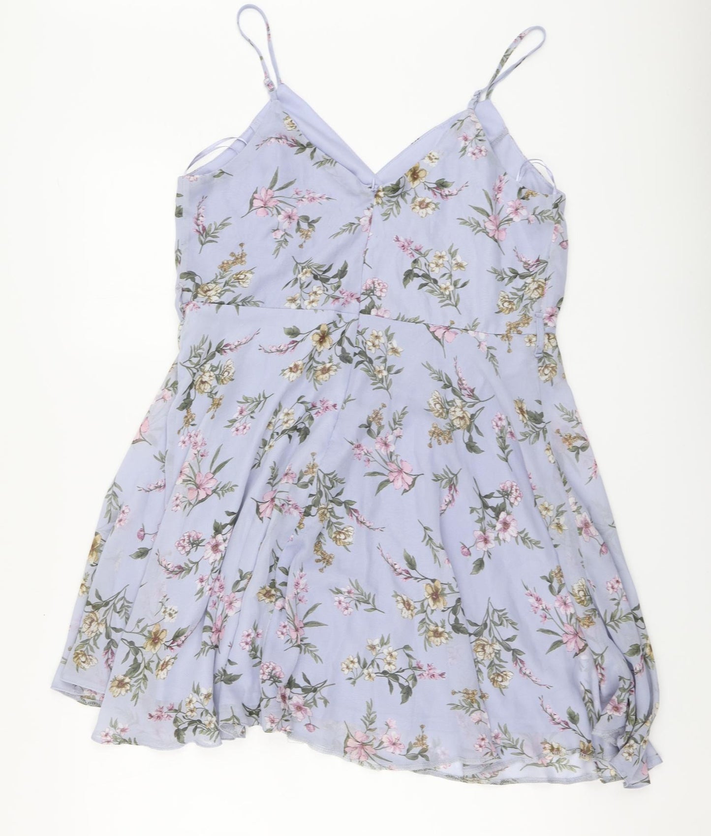 Primark Womens Blue Floral Polyester Skater Dress Size 18 V-Neck Zip