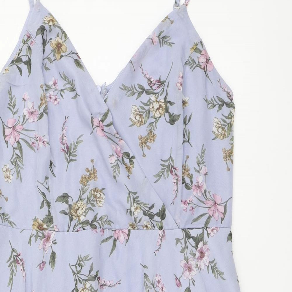 Primark Womens Blue Floral Polyester Skater Dress Size 18 V-Neck Zip