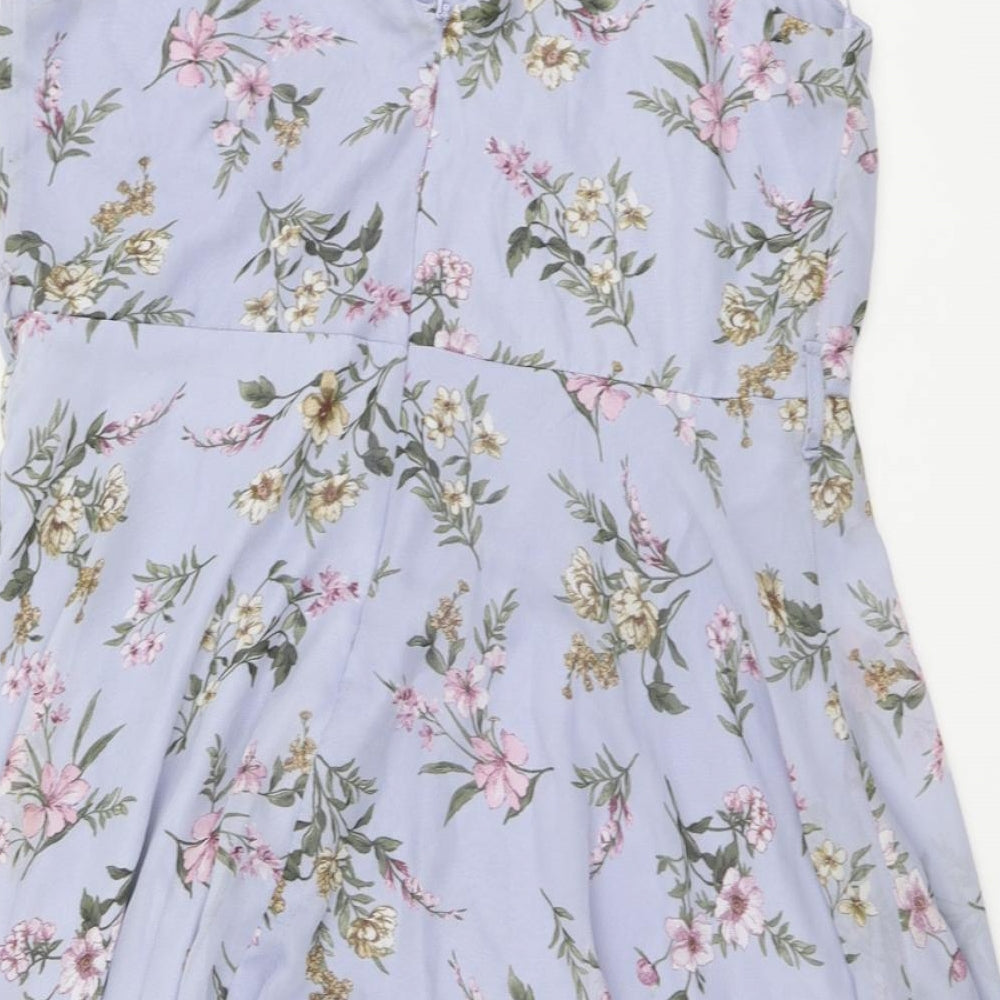Primark Womens Blue Floral Polyester Skater Dress Size 18 V-Neck Zip