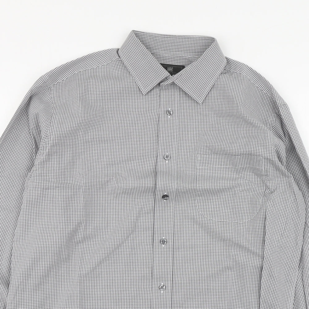 Marks and Spencer Mens Black Check Polyester Button-Up Size 15 Collared Button