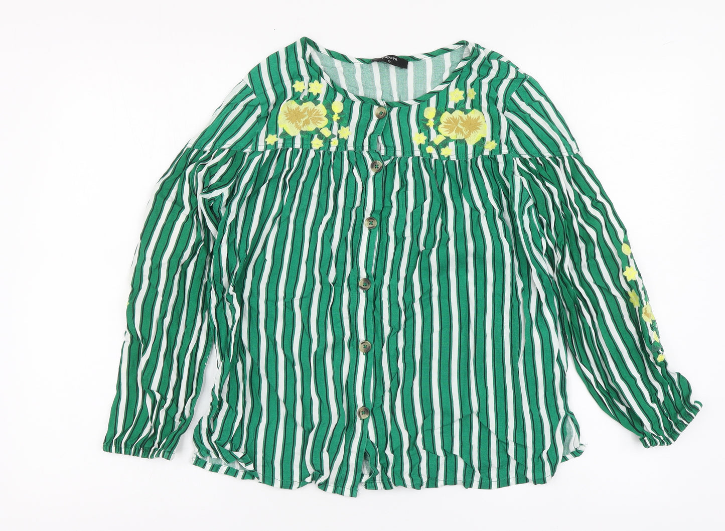 Papaya Womens Green Striped Viscose Basic Button-Up Size 10 Round Neck - Flowers