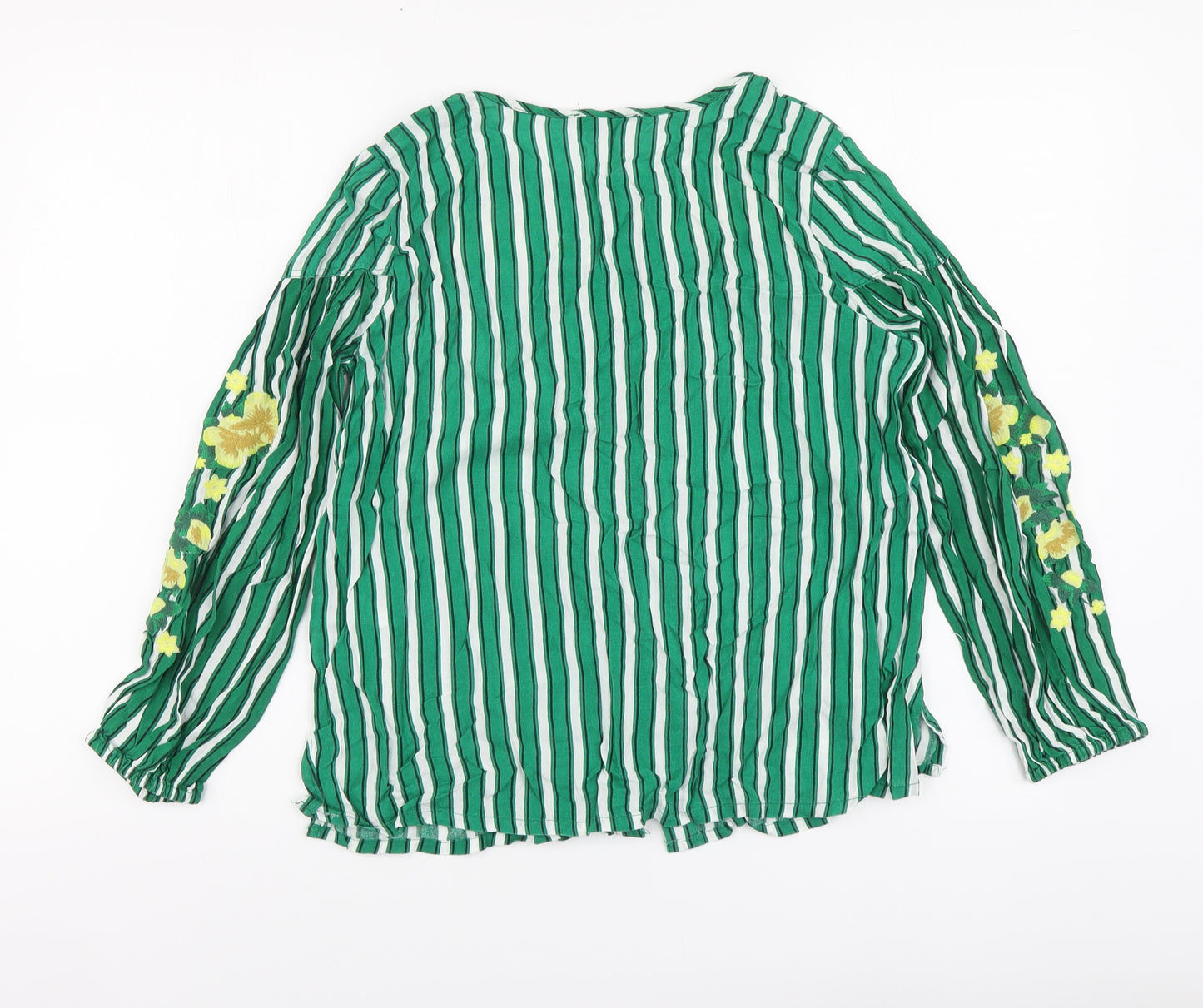 Papaya Womens Green Striped Viscose Basic Button-Up Size 10 Round Neck - Flowers