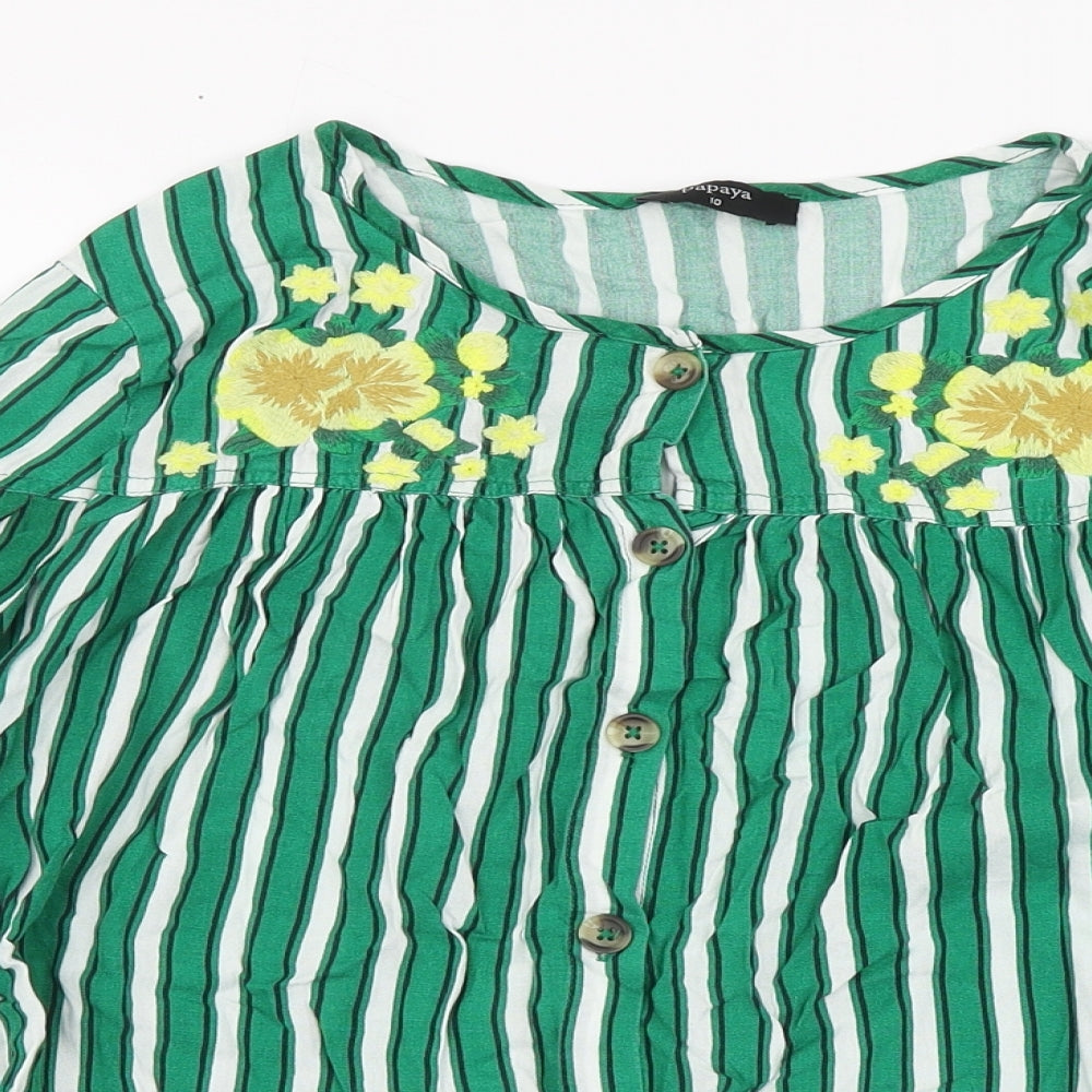 Papaya Womens Green Striped Viscose Basic Button-Up Size 10 Round Neck - Flowers