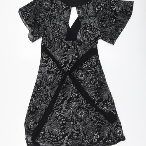 Quiz Womens Black Floral Polyester A-Line Size 14 V-Neck