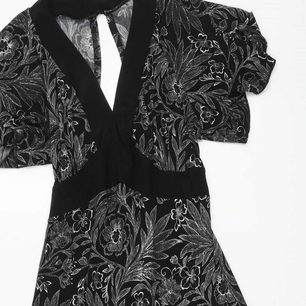 Quiz Womens Black Floral Polyester A-Line Size 14 V-Neck