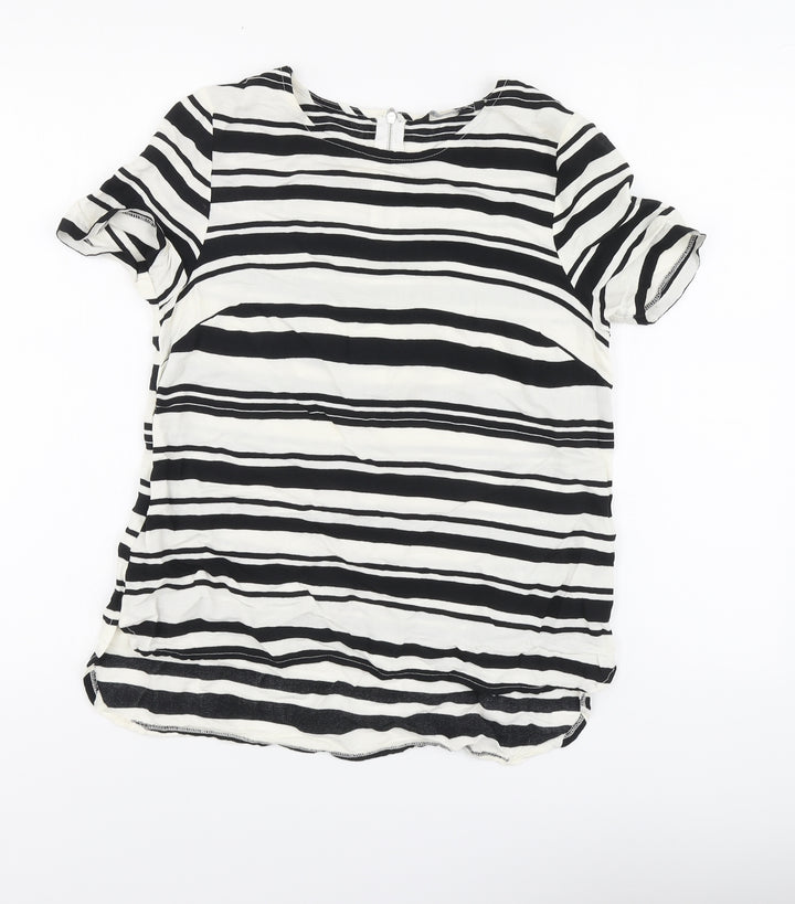 New Look Womens Black Striped Polyester Basic Blouse Size 10 Round Neck