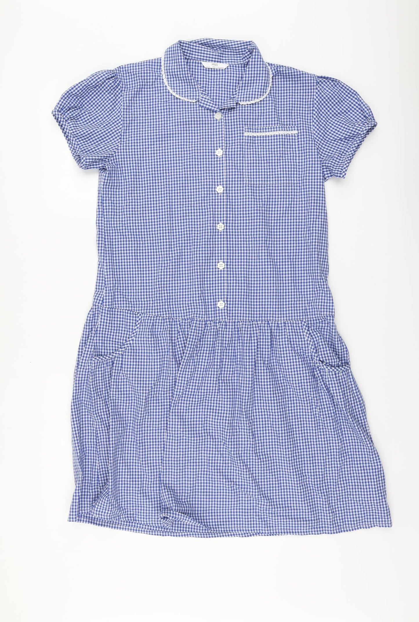 Marks and Spencer Girls Blue Gingham Cotton A-Line Size 13-14 Years Collared Button - School