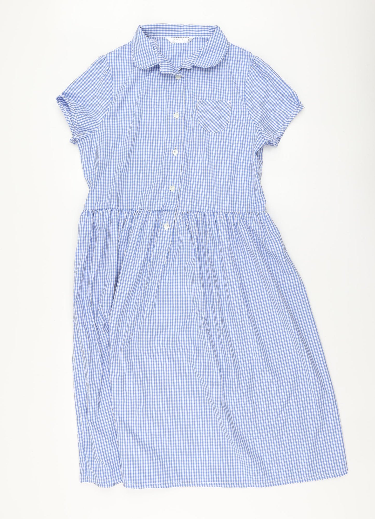John Lewis Girls Blue Gingham Polyester A-Line Size 16 Years Collared Button - school