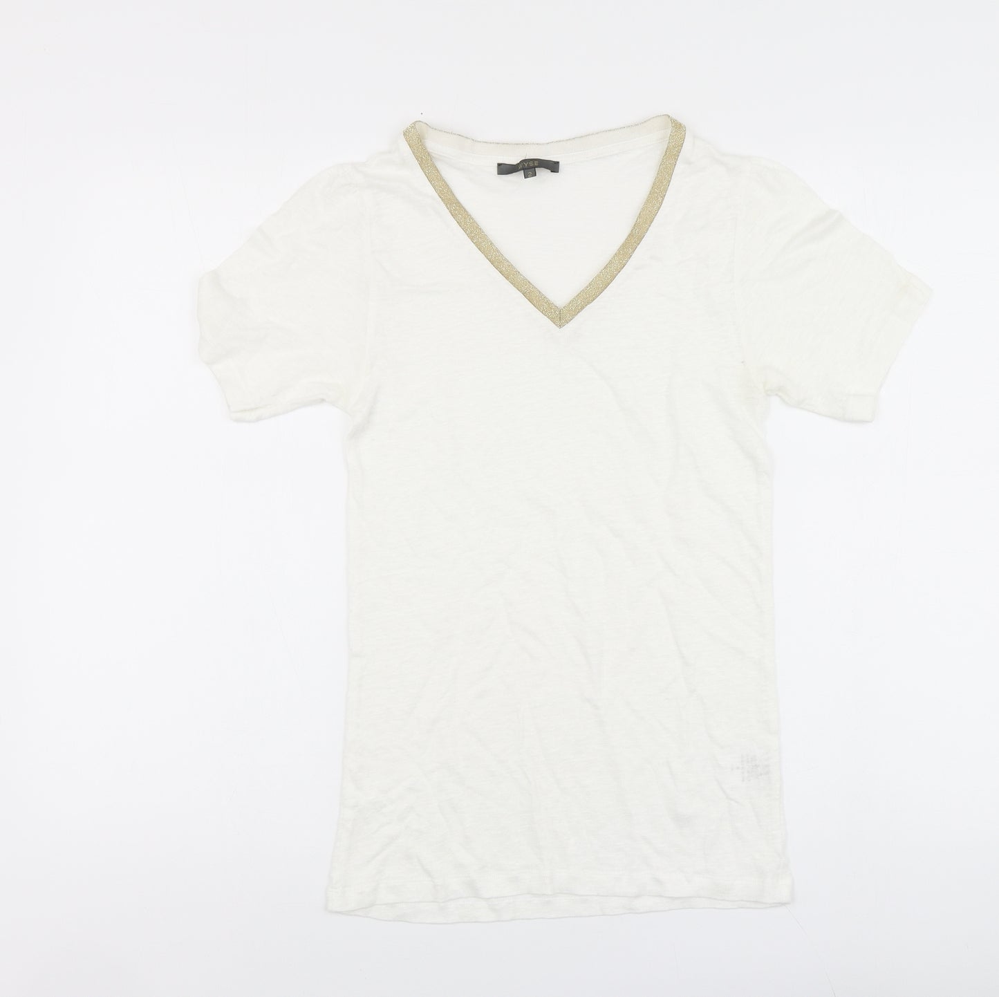 Wyse Womens Ivory Linen Basic T-Shirt Size S V-Neck