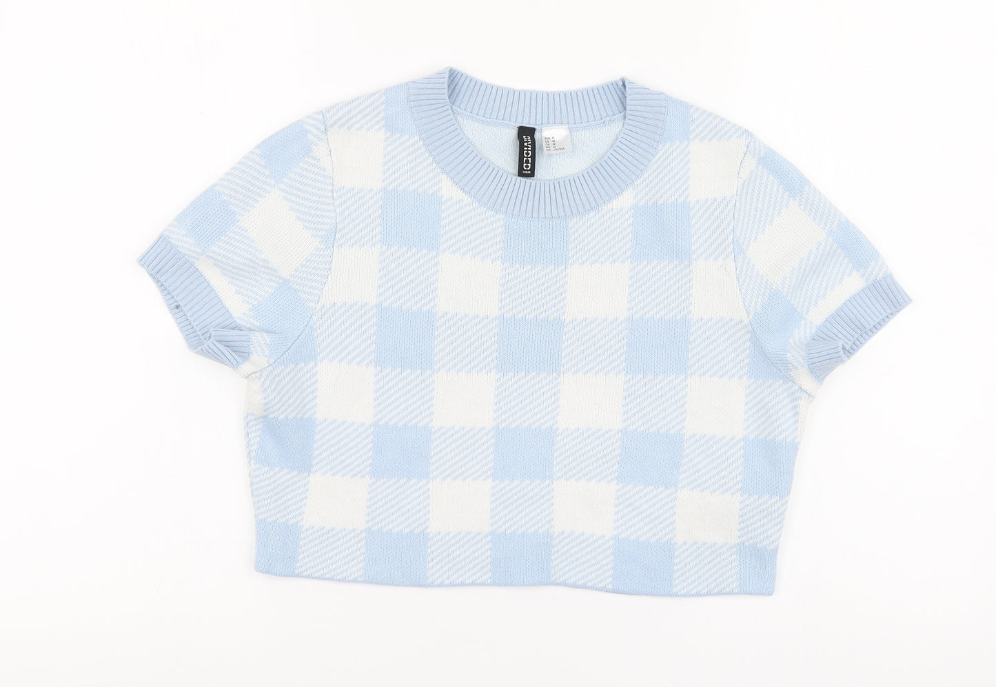H&M Womens Blue Plaid Acrylic Cropped T-Shirt Size M Round Neck