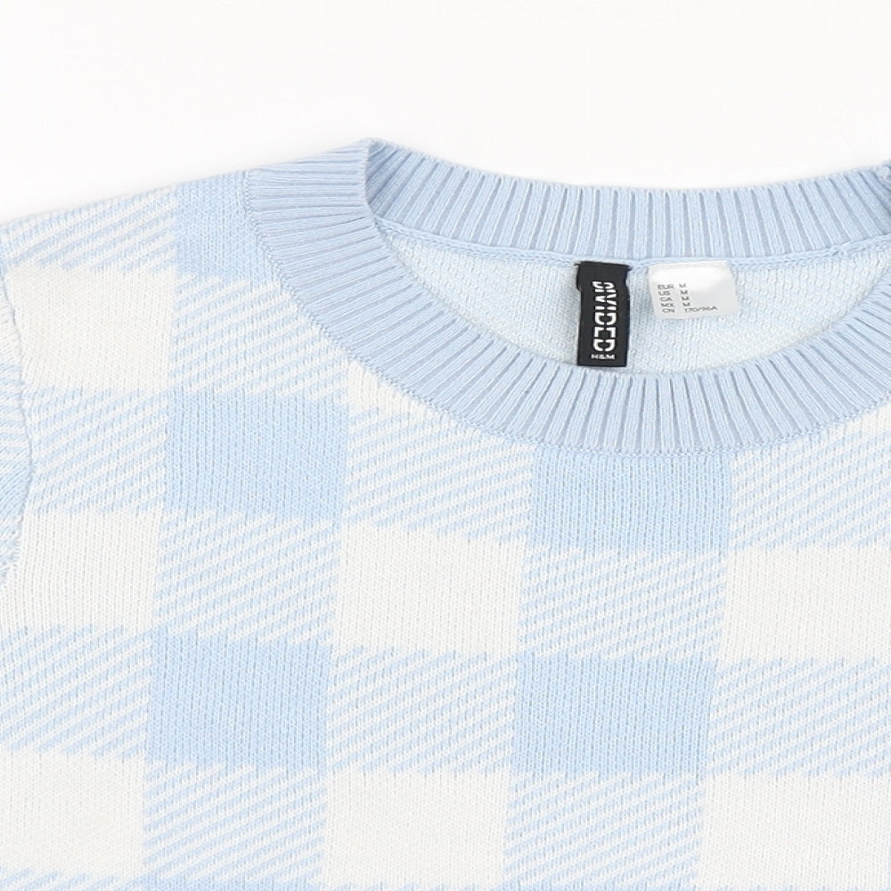 H&M Womens Blue Plaid Acrylic Cropped T-Shirt Size M Round Neck