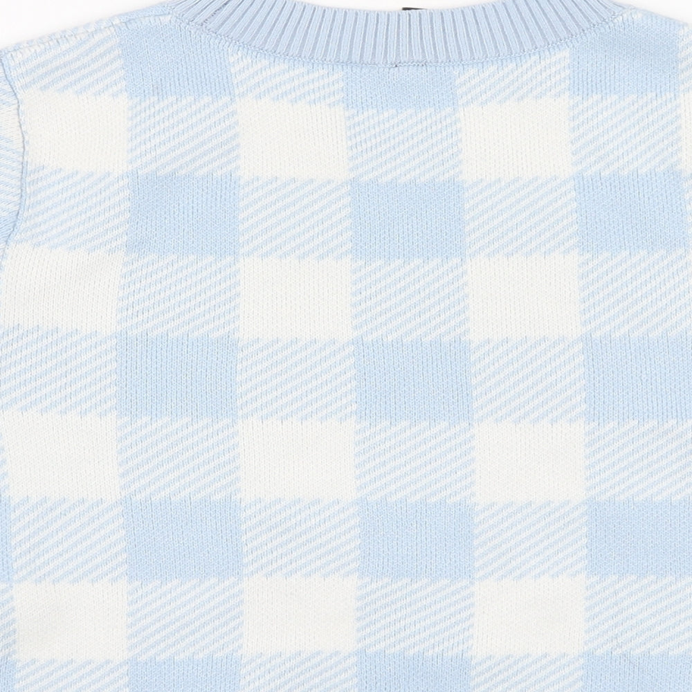 H&M Womens Blue Plaid Acrylic Cropped T-Shirt Size M Round Neck