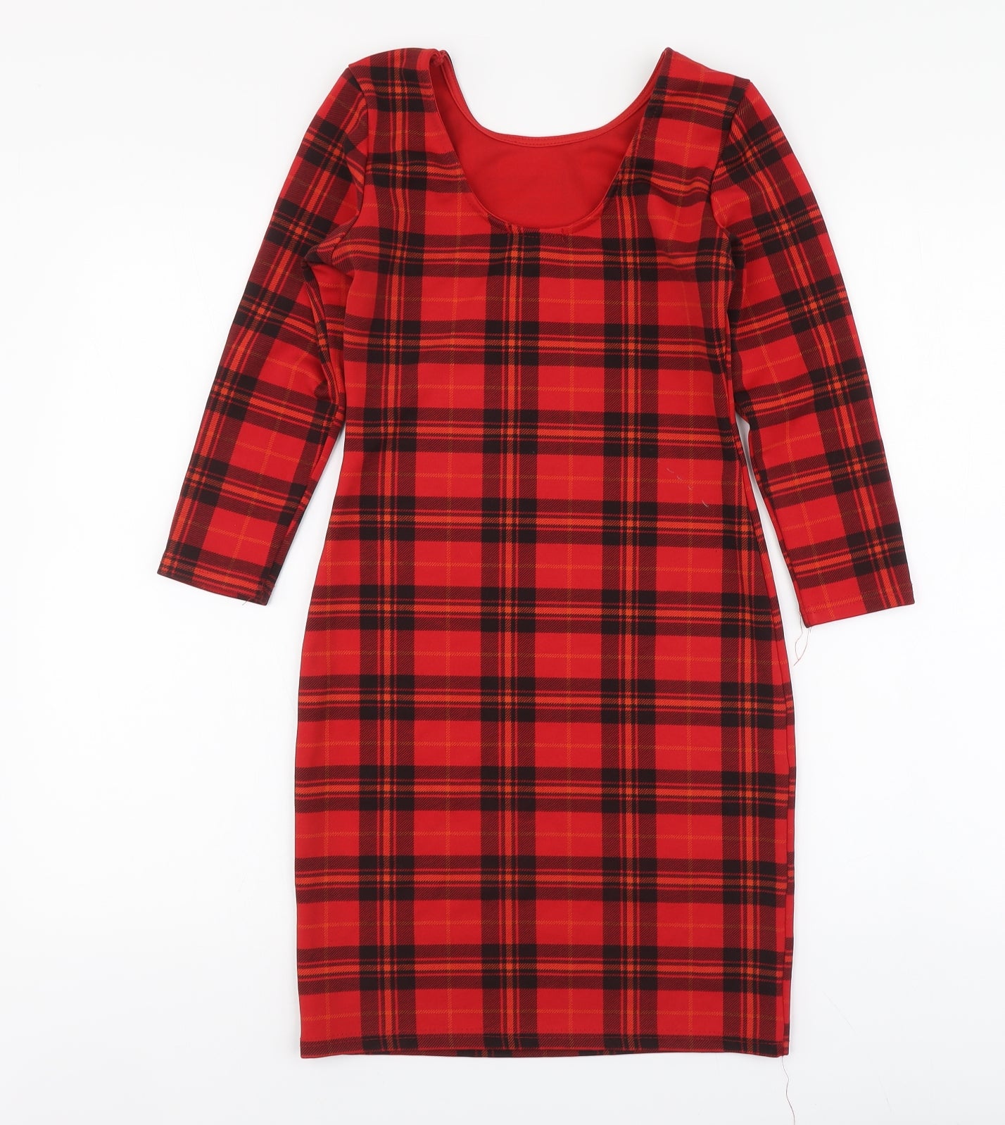 Exhibit Womens Red Plaid Polyester A-Line Size 8 Round Neck