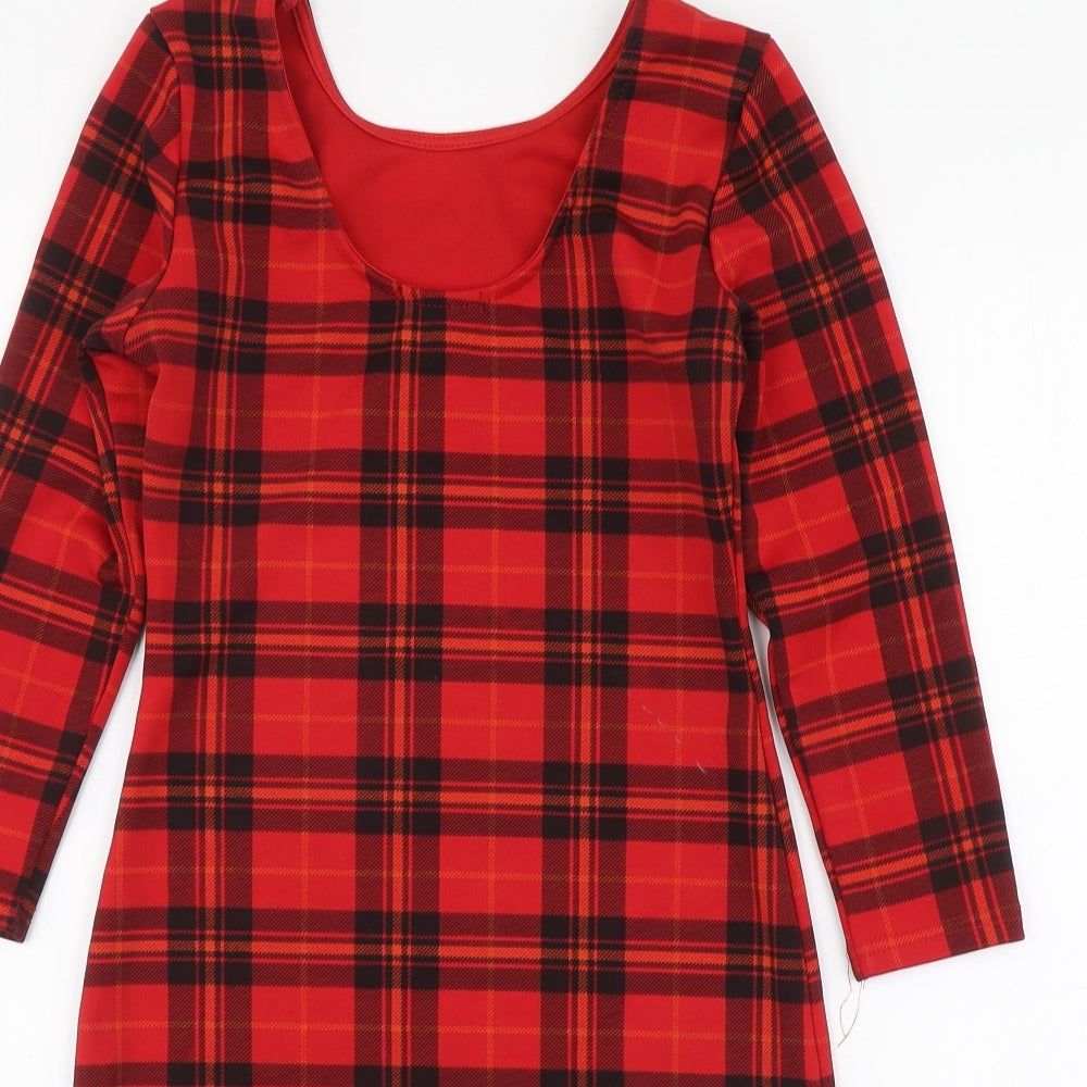 Exhibit Womens Red Plaid Polyester A-Line Size 8 Round Neck