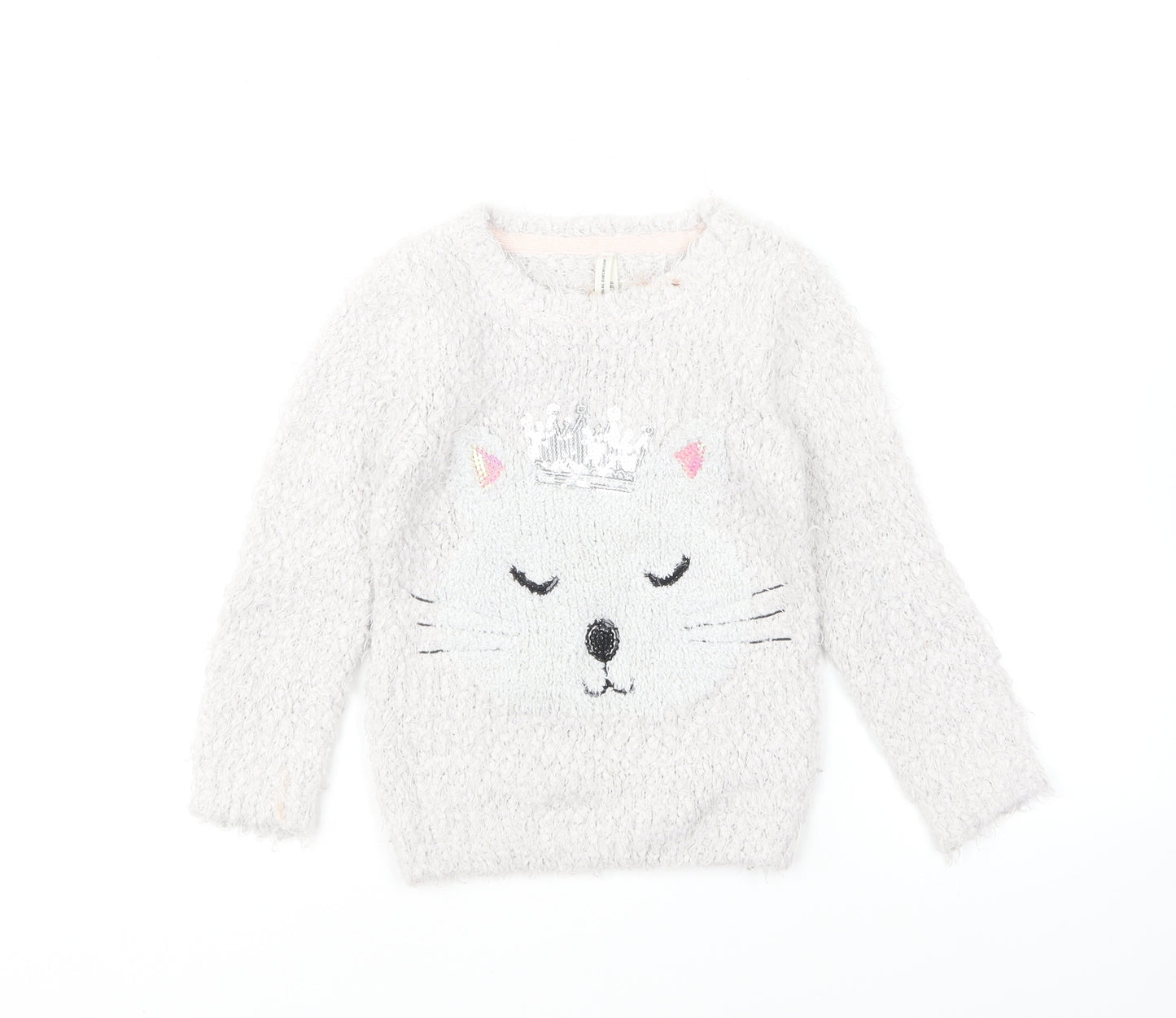Young Dimension Girls Grey Round Neck Polyester Pullover Jumper Size 4-5 Years Pullover - Cat