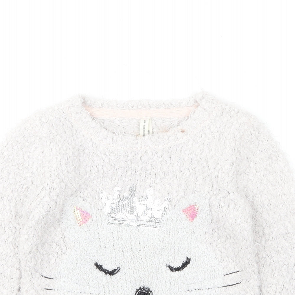Young Dimension Girls Grey Round Neck Polyester Pullover Jumper Size 4-5 Years Pullover - Cat