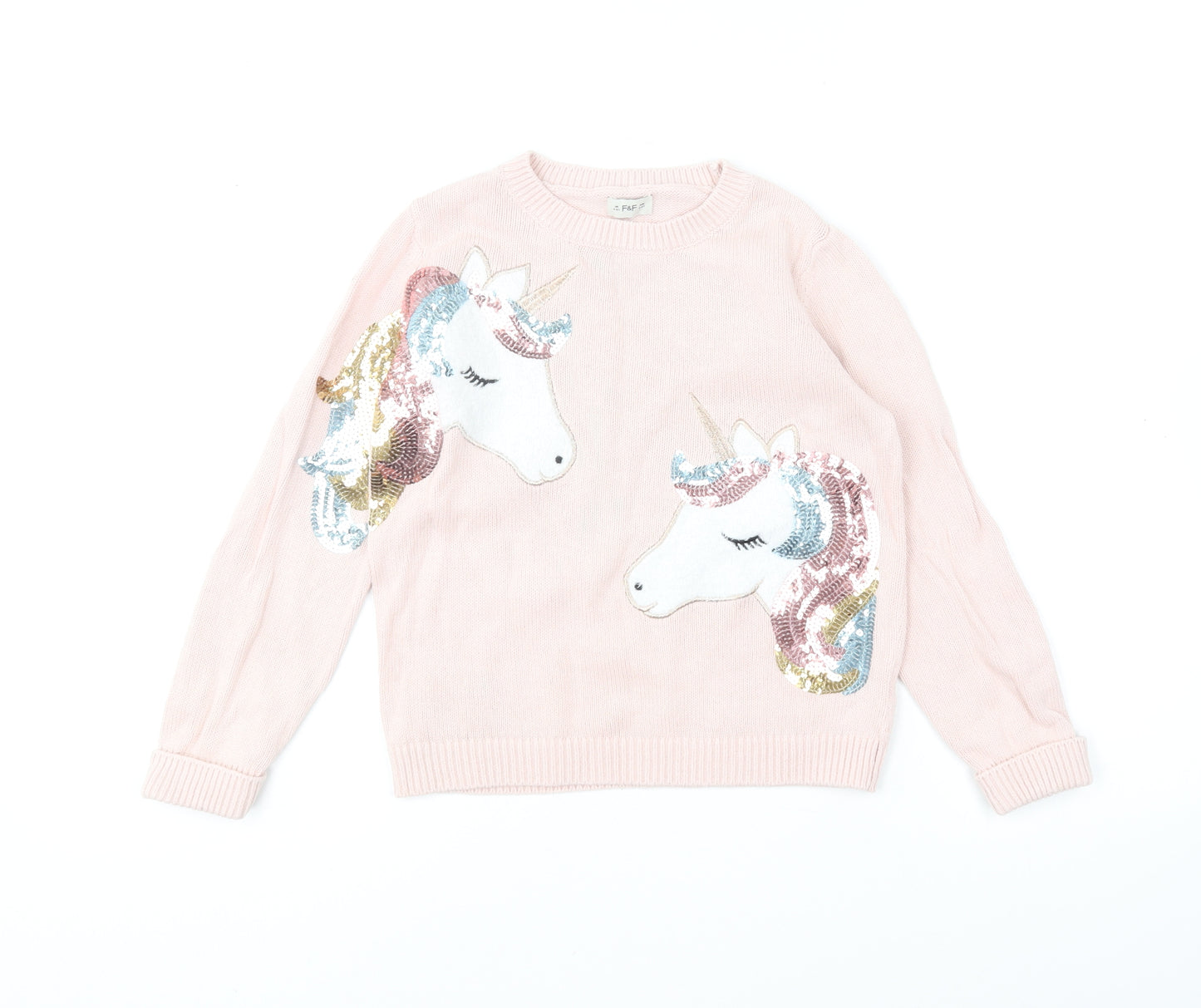 F&F Girls Pink Round Neck Cotton Pullover Jumper Size 5-6 Years Pullover - Unicorn