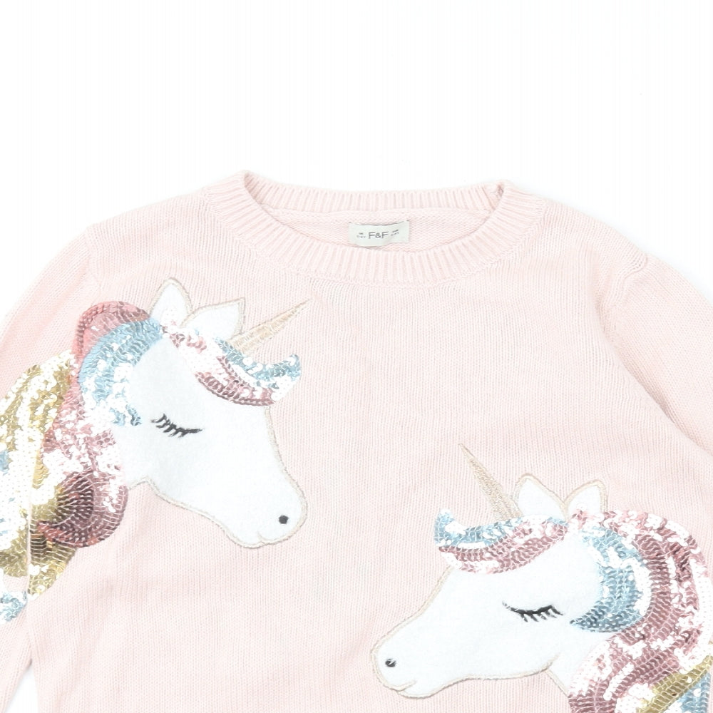 F&F Girls Pink Round Neck Cotton Pullover Jumper Size 5-6 Years Pullover - Unicorn