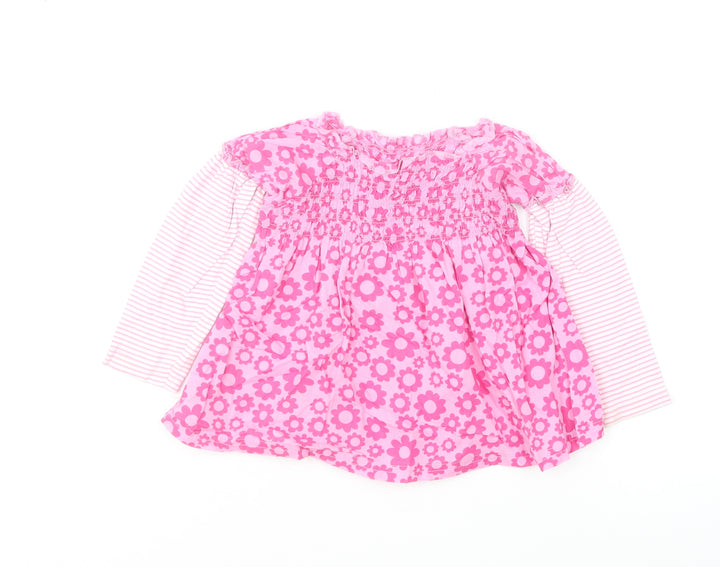 Marks and Spencer Girls Pink Floral Cotton Skater Dress Size 12-18 Months Round Neck Pullover