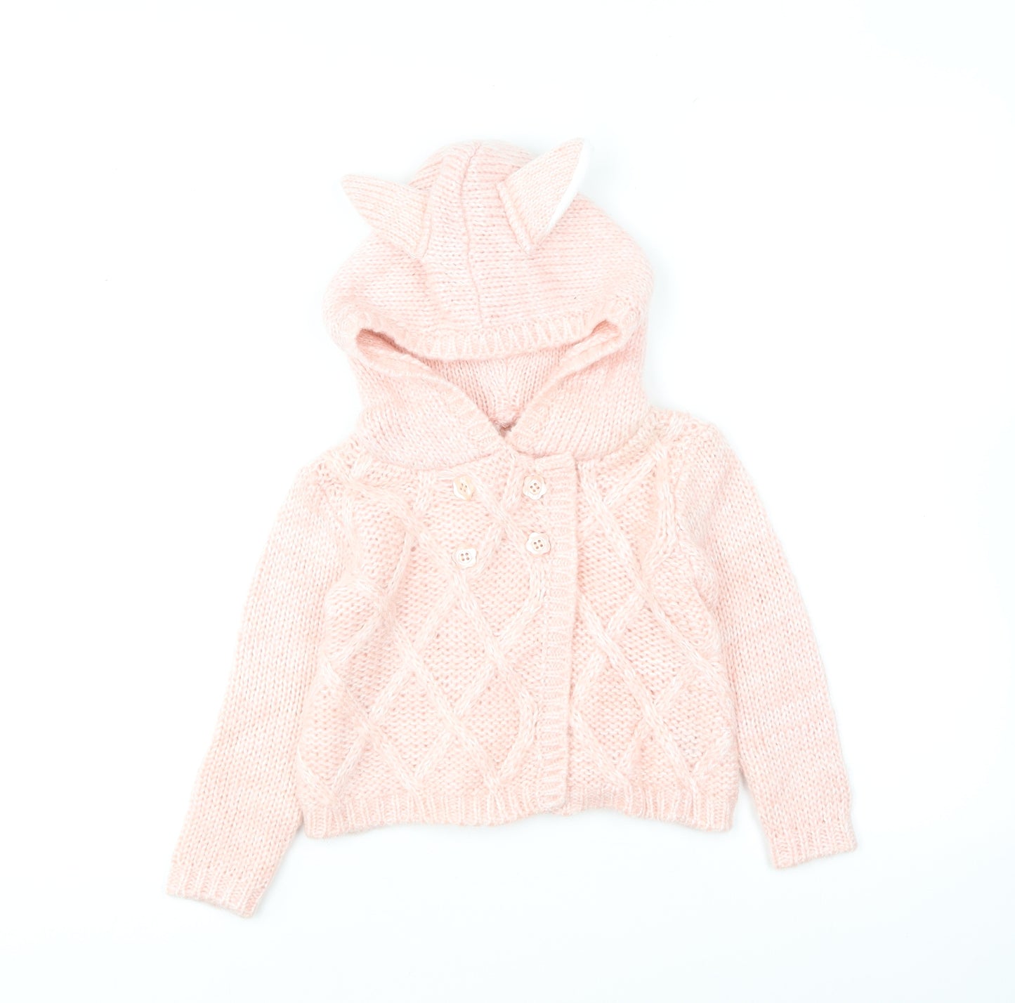 Dunnes Stores Girls Pink Acrylic Cardigan Jumper Size 18-24 Months Button - Rabbit Ears.