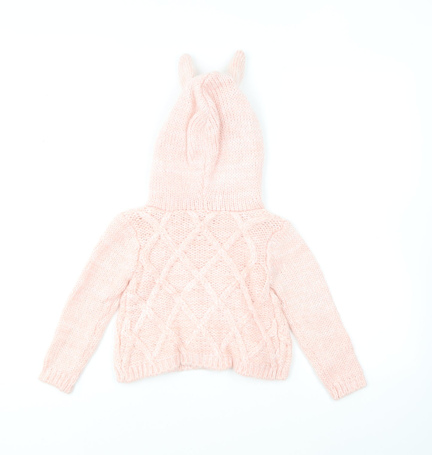 Dunnes Stores Girls Pink Acrylic Cardigan Jumper Size 18-24 Months Button - Rabbit Ears.