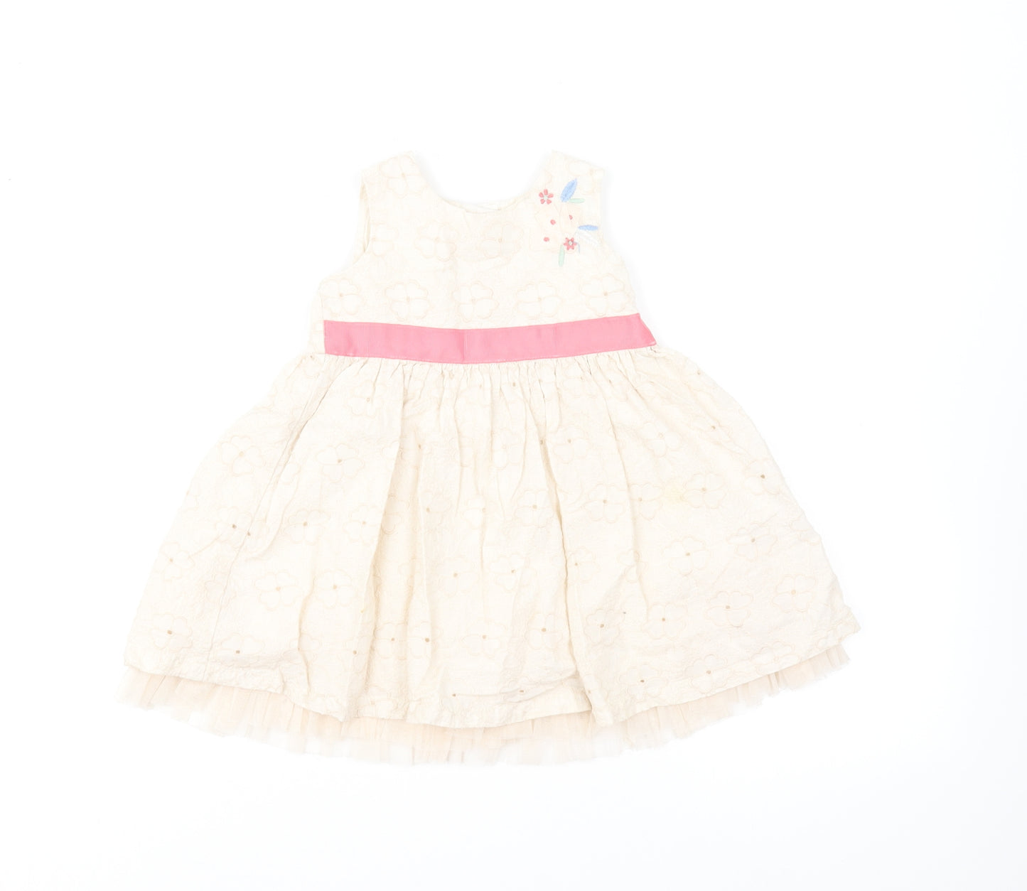 Marks and Spencer Girls Ivory Floral Cotton Skater Dress Size 6-9 Months Round Neck Button