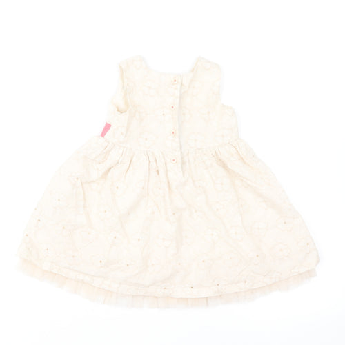Marks and Spencer Girls Ivory Floral Cotton Skater Dress Size 6-9 Months Round Neck Button