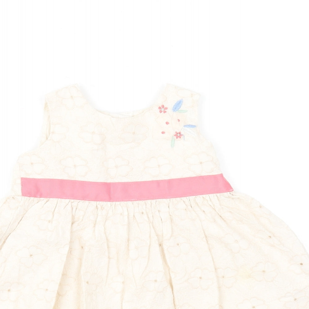 Marks and Spencer Girls Ivory Floral Cotton Skater Dress Size 6-9 Months Round Neck Button