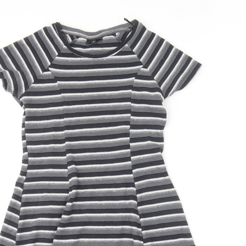NEXT Womens Grey Striped Cotton Skater Dress Size 8 Round Neck Pullover