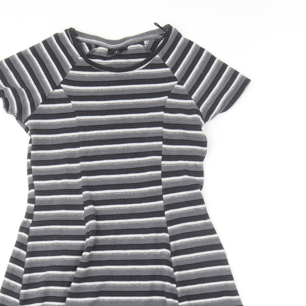 NEXT Womens Grey Striped Cotton Skater Dress Size 8 Round Neck Pullover
