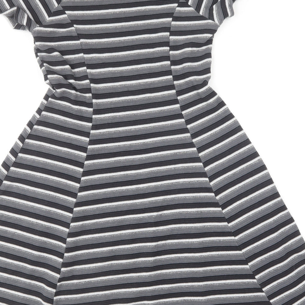 NEXT Womens Grey Striped Cotton Skater Dress Size 8 Round Neck Pullover