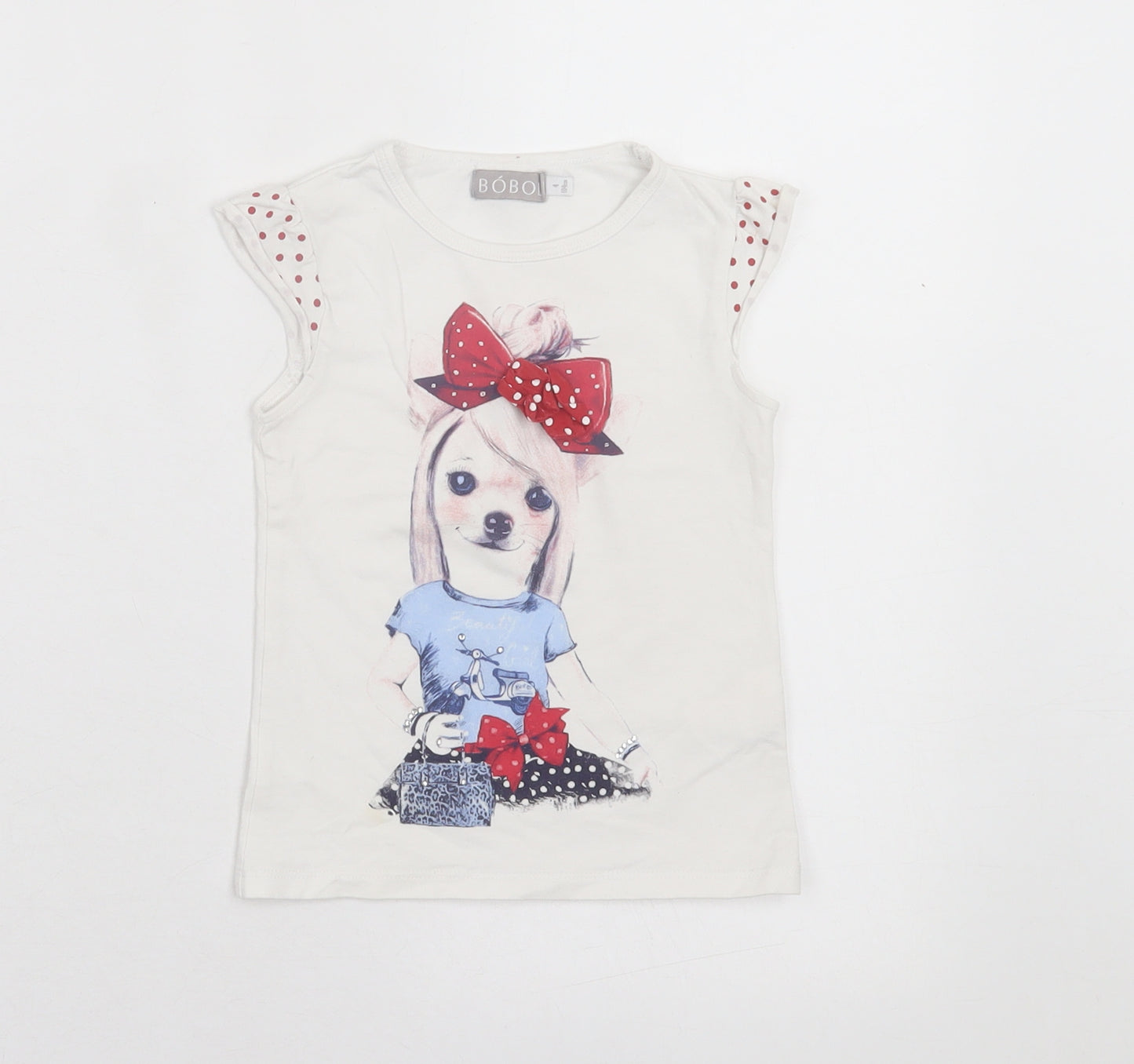 Boboli Girls White Polka Dot Cotton Basic T-Shirt Size 4 Years Crew Neck Pullover - Dog