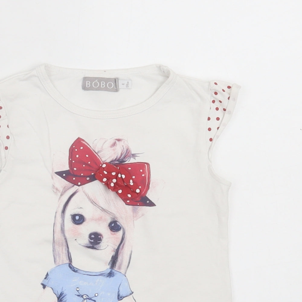 Boboli Girls White Polka Dot Cotton Basic T-Shirt Size 4 Years Crew Neck Pullover - Dog