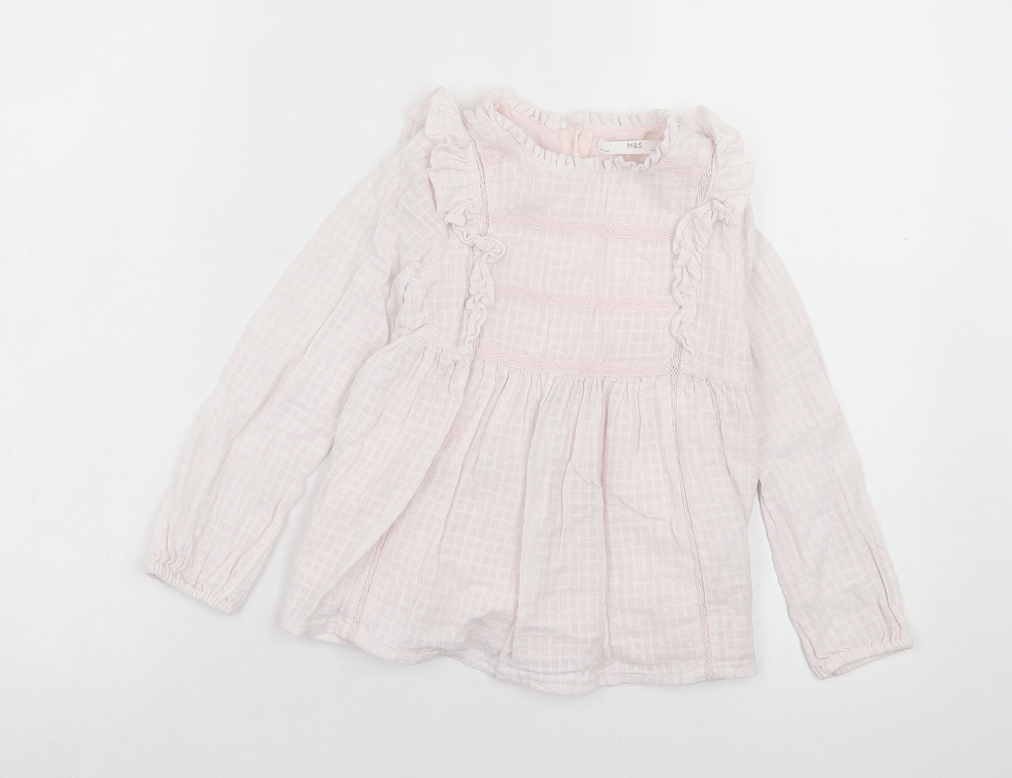 Marks and Spencer Girls Pink Plaid Cotton A-Line Size 6-7 Years Crew Neck Button - Frill Detail