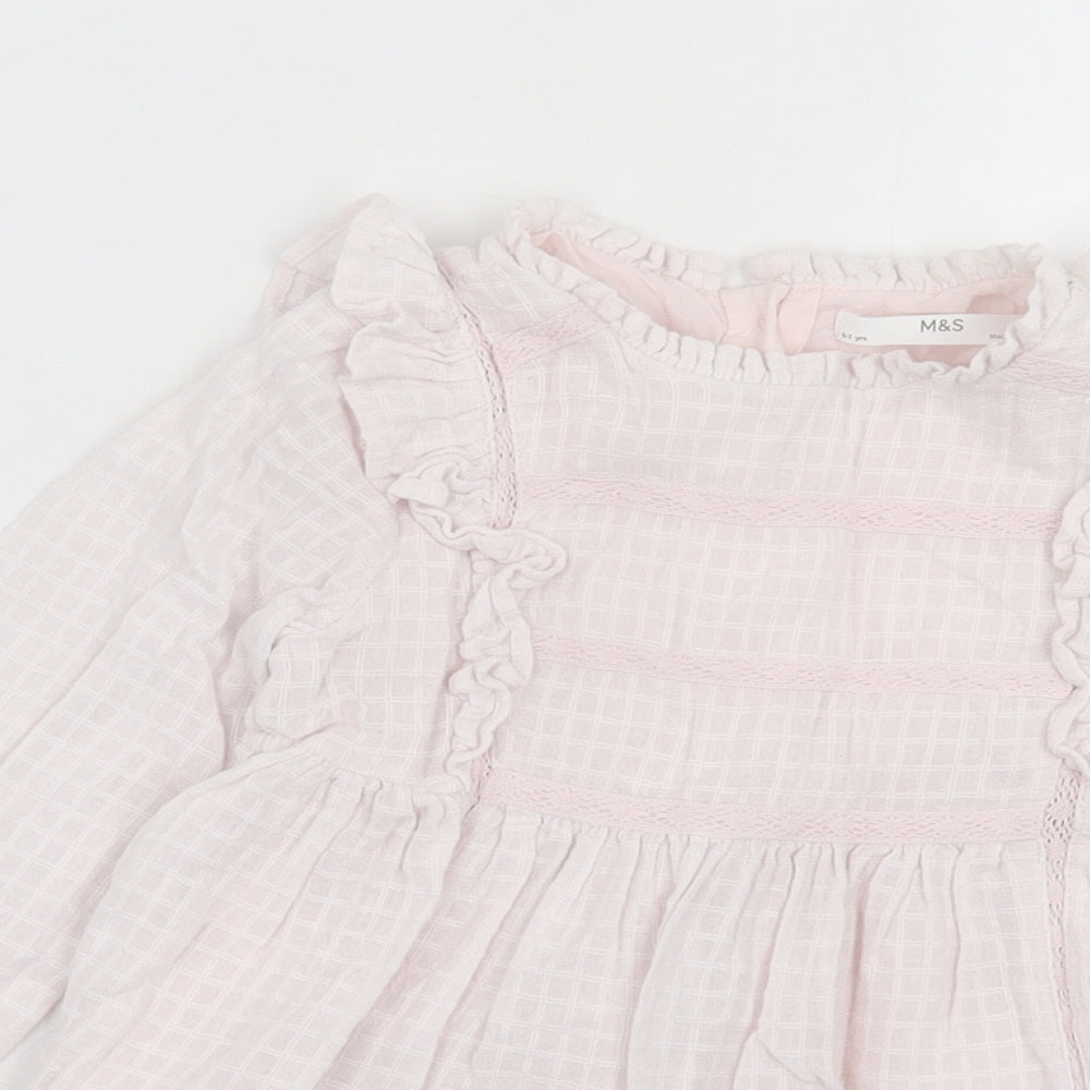 Marks and Spencer Girls Pink Plaid Cotton A-Line Size 6-7 Years Crew Neck Button - Frill Detail