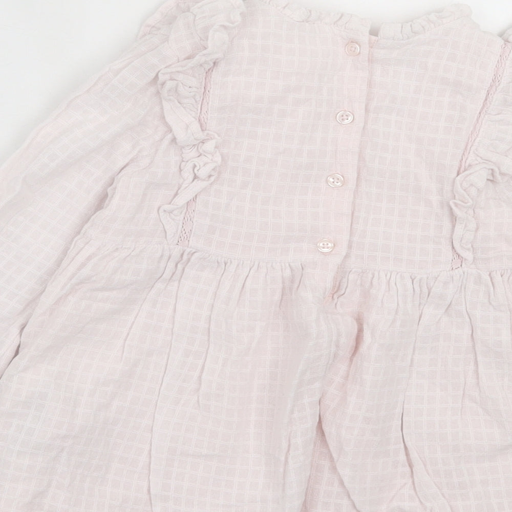 Marks and Spencer Girls Pink Plaid Cotton A-Line Size 6-7 Years Crew Neck Button - Frill Detail