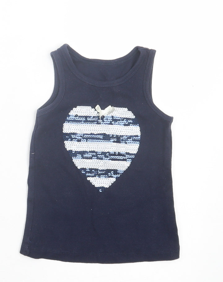 Dunnes Stores Girls Blue Striped Cotton Basic Tank Size 4 Years Crew Neck Pullover - Heart