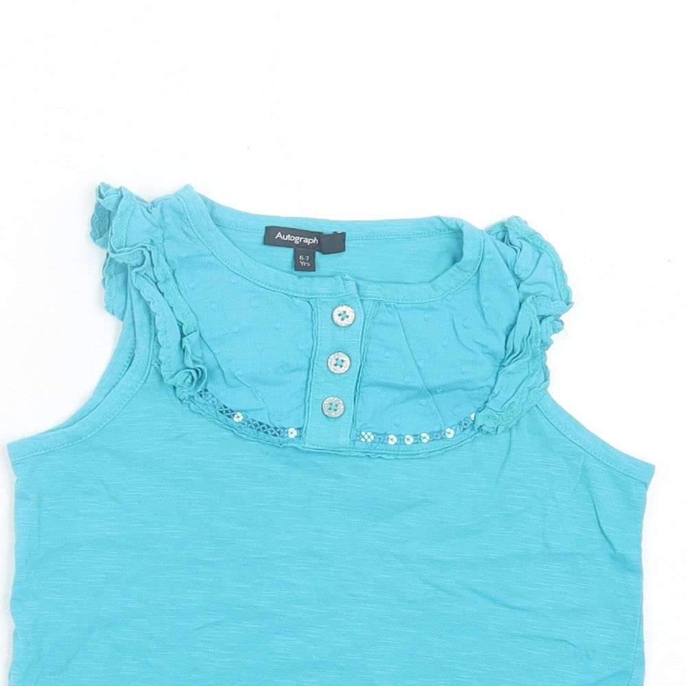 Autograph Girls Blue Geometric Cotton Basic Tank Size 6-7 Years Crew Neck Pullover - Frill Detail