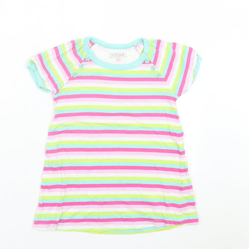 Indigo Girls Multicoloured Striped Cotton Basic T-Shirt Size 6-7 Years Crew Neck Pullover - Pink, White, Green, & Blue