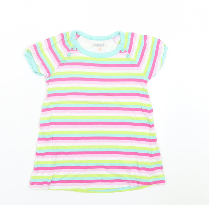 Indigo Girls Multicoloured Striped Cotton Basic T-Shirt Size 6-7 Years Crew Neck Pullover - Pink, White, Green, & Blue