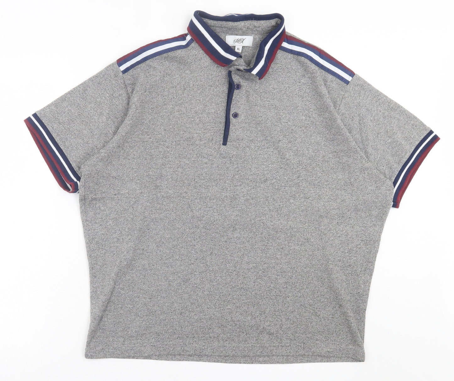 MX Mens Grey Striped Polyester Polo Size XL Collared Button - Grey, Burgandy, White & Blue