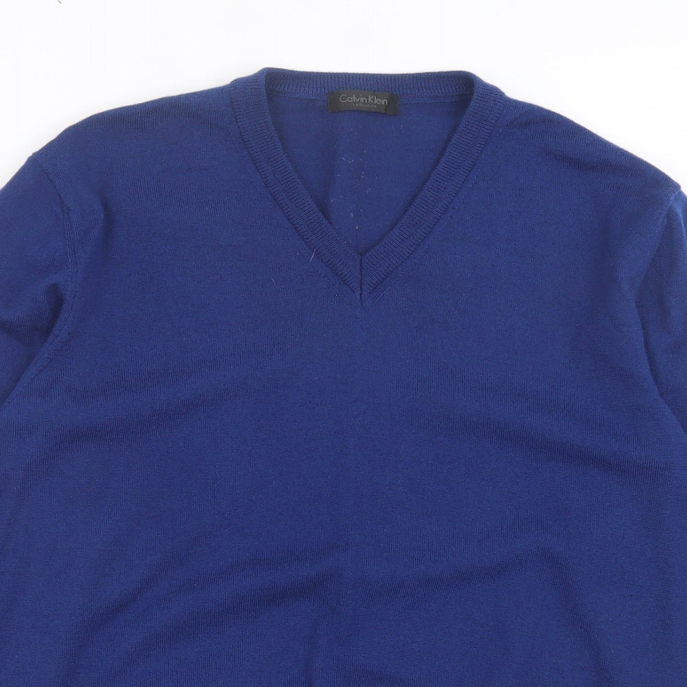 Calvin Klein Mens Blue V-Neck Wool Pullover Jumper Size XL - Dark Blue