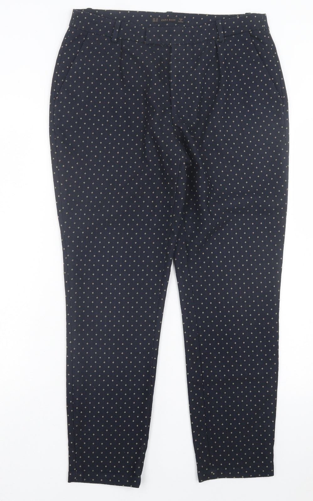 Zara Womens Blue Geometric Polyester Trousers Size 10 L28 in Regular Hook & Eye