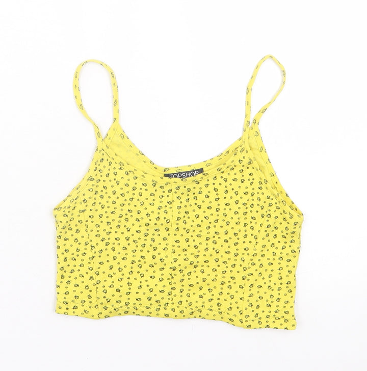 Topshop Womens Yellow Floral Polyester Cropped Tank Size 8 Scoop Neck