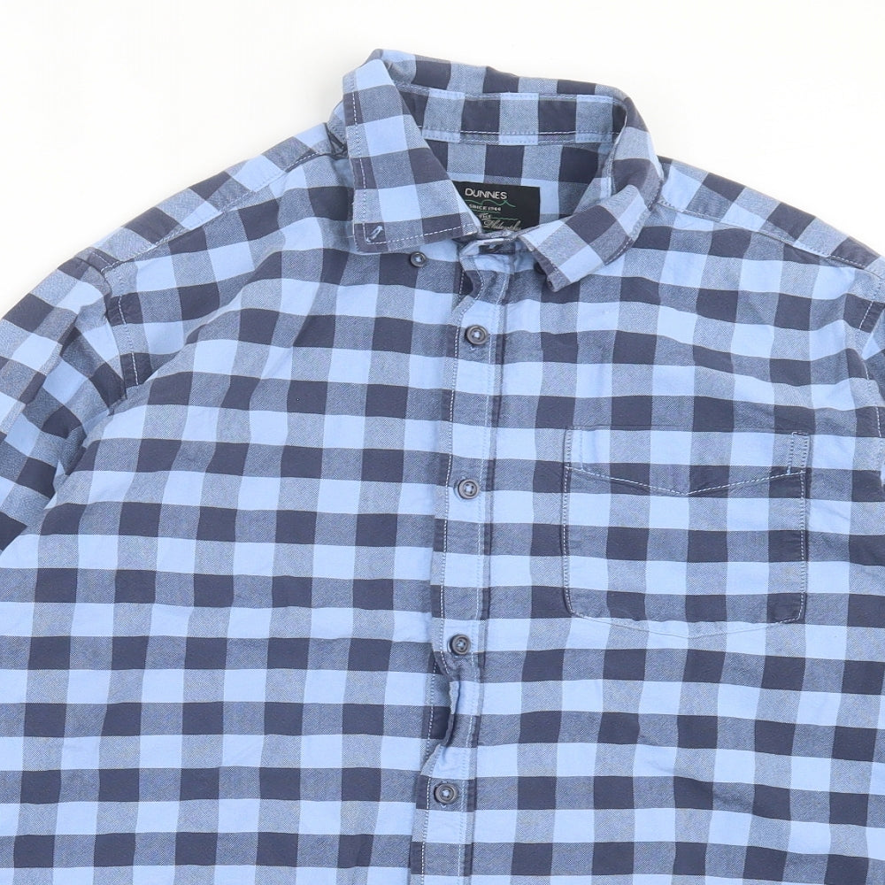 Dunnes Stores Mens Blue Plaid Cotton Button-Up Size M Collared Button - Pocket Detail